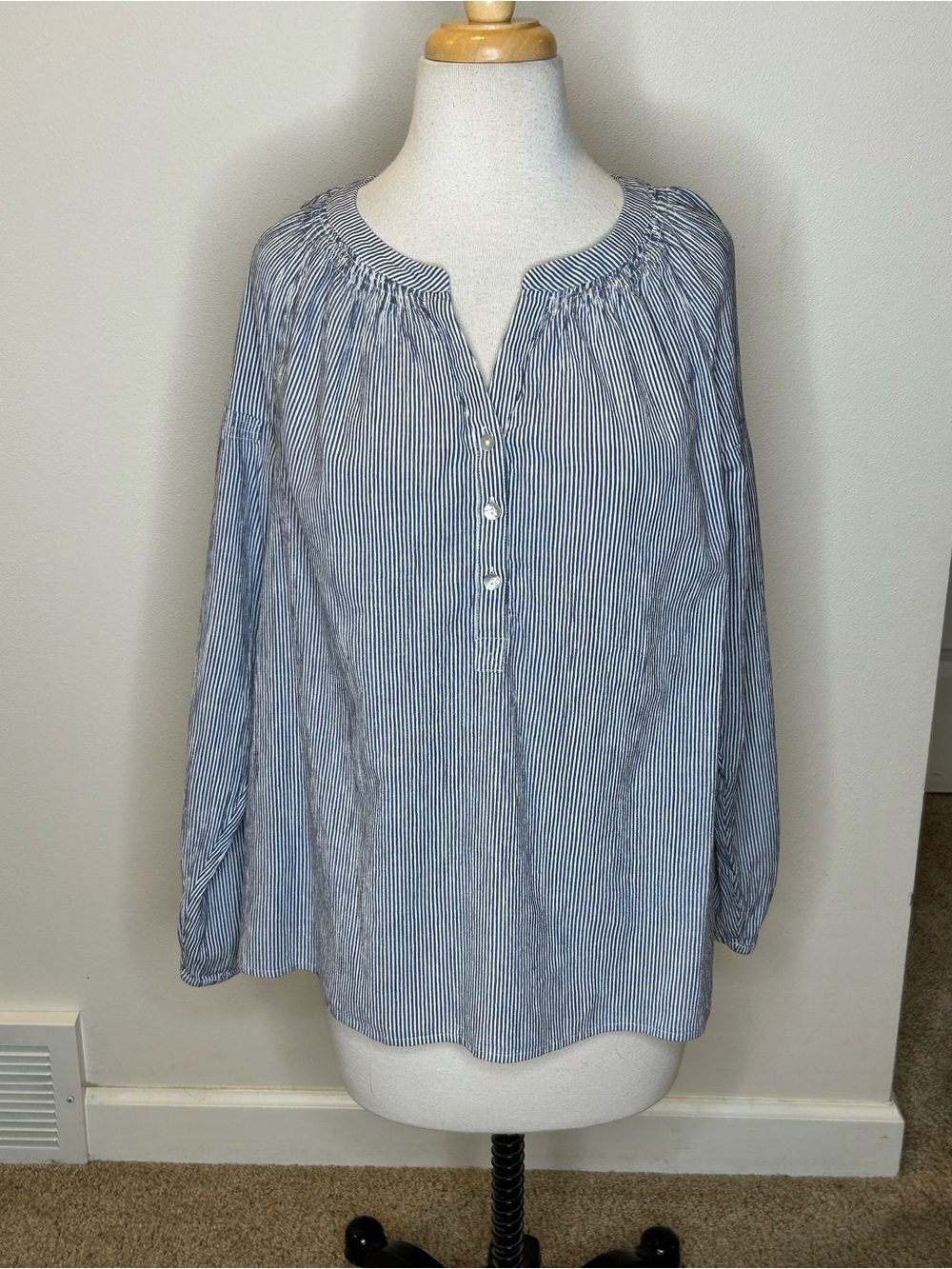 J. Jill Blue and White Striped Henley Tunic Size L Petite